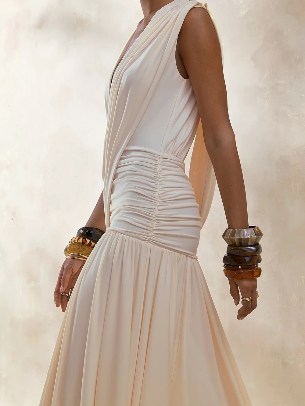 Club L London Cream Draped Plunge Maxi Dress Ruched Goddess Gown Size 6, 10 - Picture 4 of 4